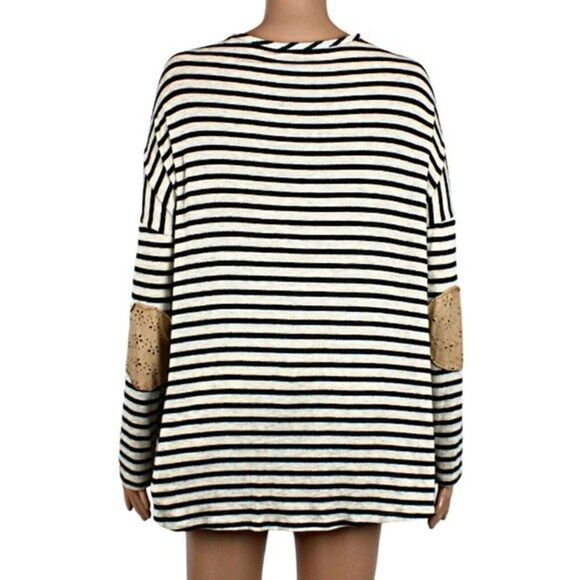 Top Pullover Striped Knit Long Sleeve Suede Elbow Patch & Pocket White Black 3X - Picture 3 of 4